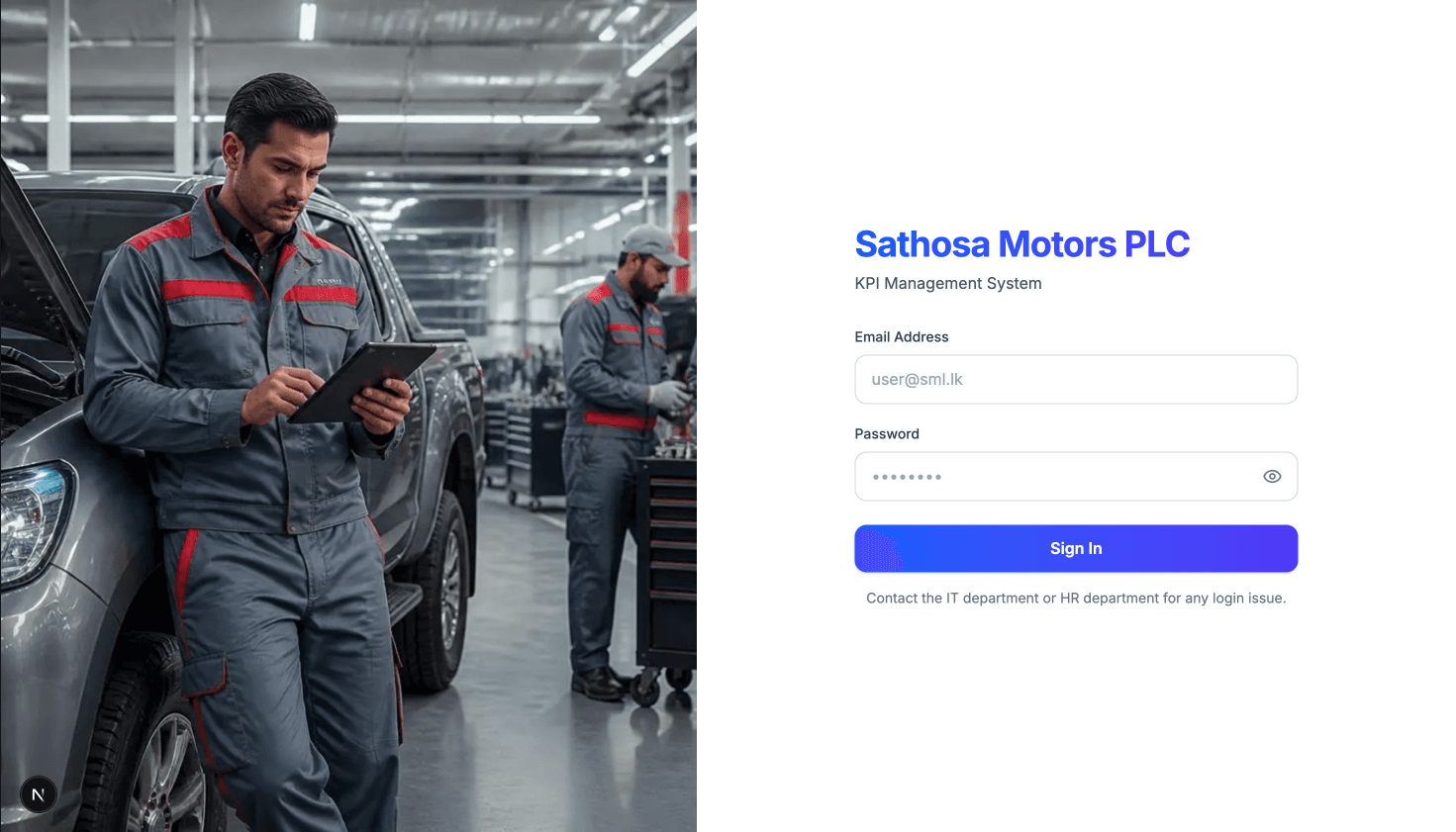 Sathosa Motors KPI system sign-in screen